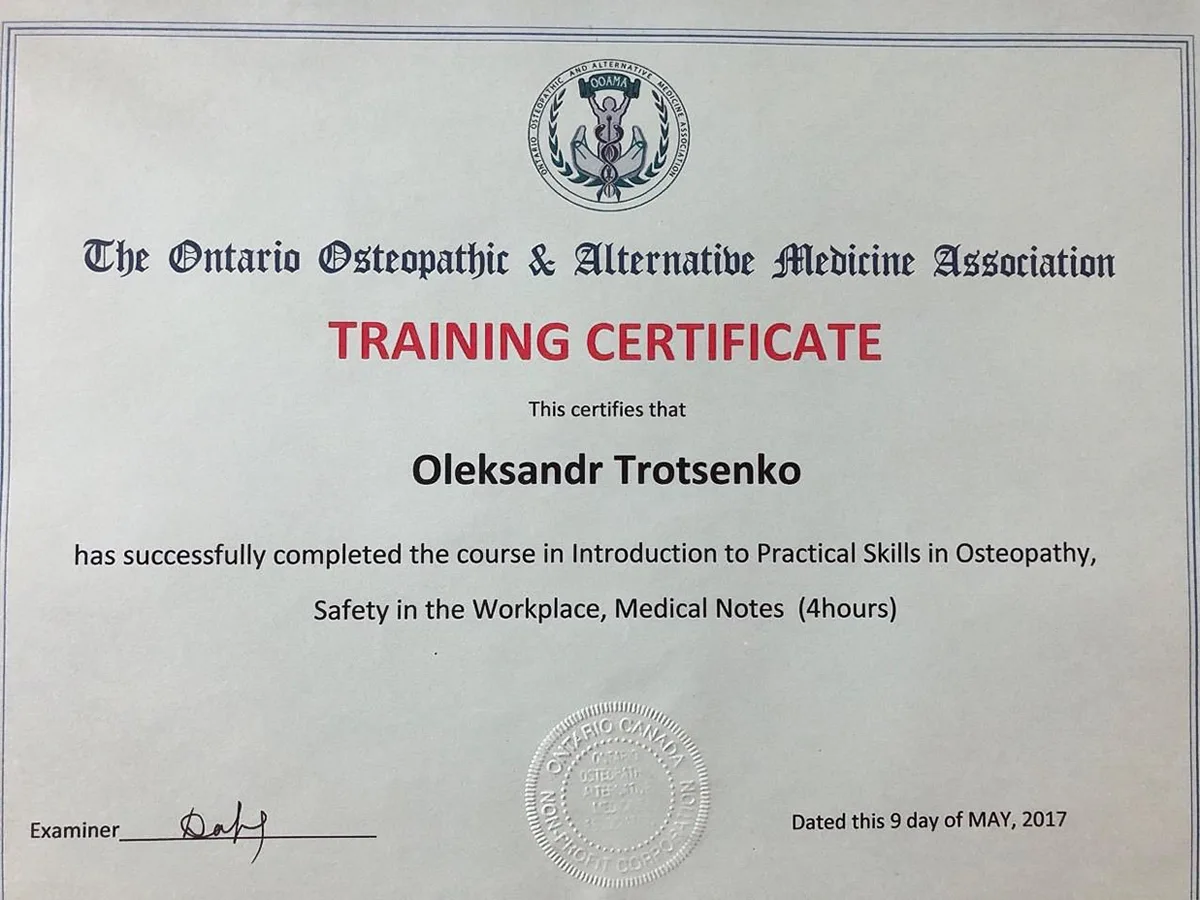Alex Trotsenko OOAMA Osteopathy certificate